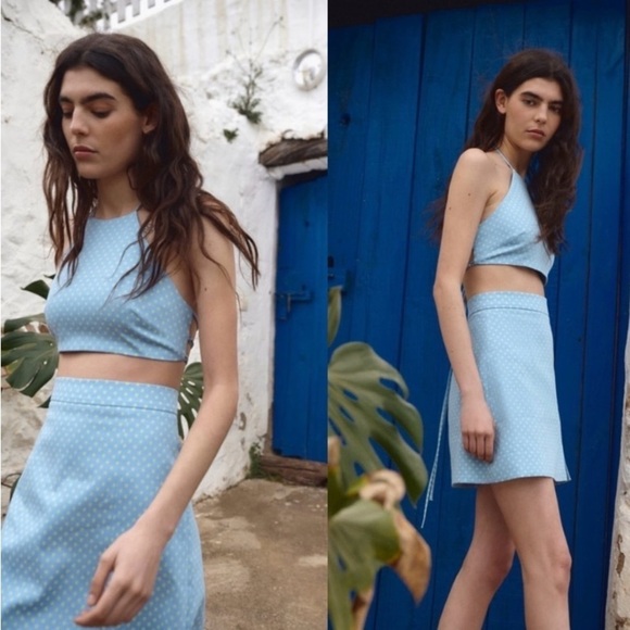 Zara Polka Dot Cropped Top & Mini Skirt 2 Pieces Set - Picture 1 of 12